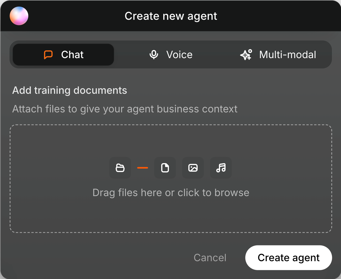 Agent Canvas create agent setup view